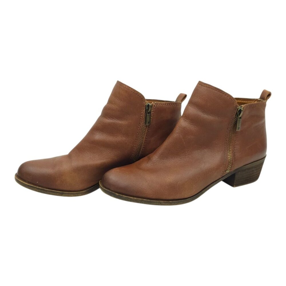 Lucky Brand Basel Ankle Boots Womens 10M Side Zip Toffee Leather Stacked Heel